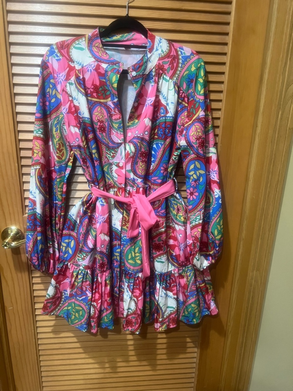 SHEIN Pink Paisley Print Long Sleeve Mini Dress with Tie Waist